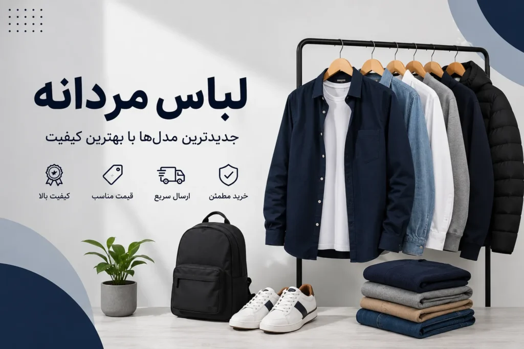 بنر لباس مردانه شامل جدیدترین مدل‌های پوشاک مردانه شیک و باکیفیت در فروشگاه اینترنتی حراجی ایرانیان